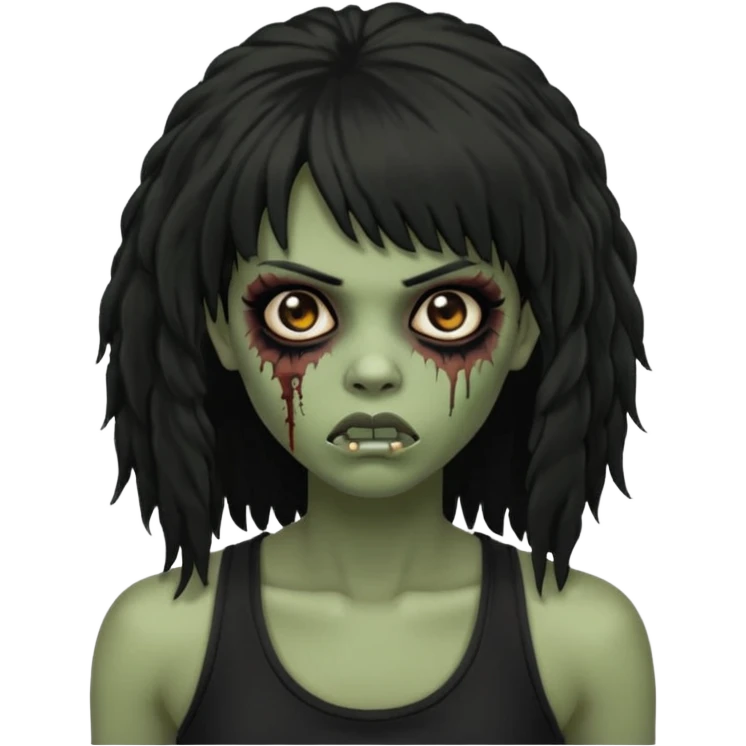 a female zombie with sage green skin, black long afro afro hair with bangs, and a black tank top  emoji
