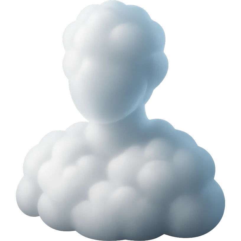 person made entirely of white fluffy convex clouds, shoulder up, front view, matte glass style emoji