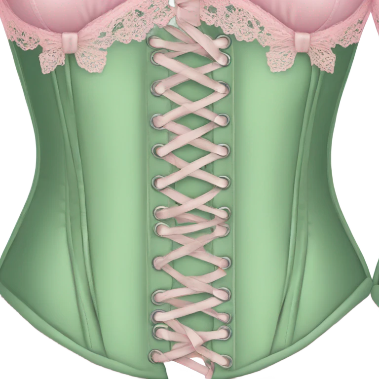 Sage green corset with pink lace and bows, isolated emoji