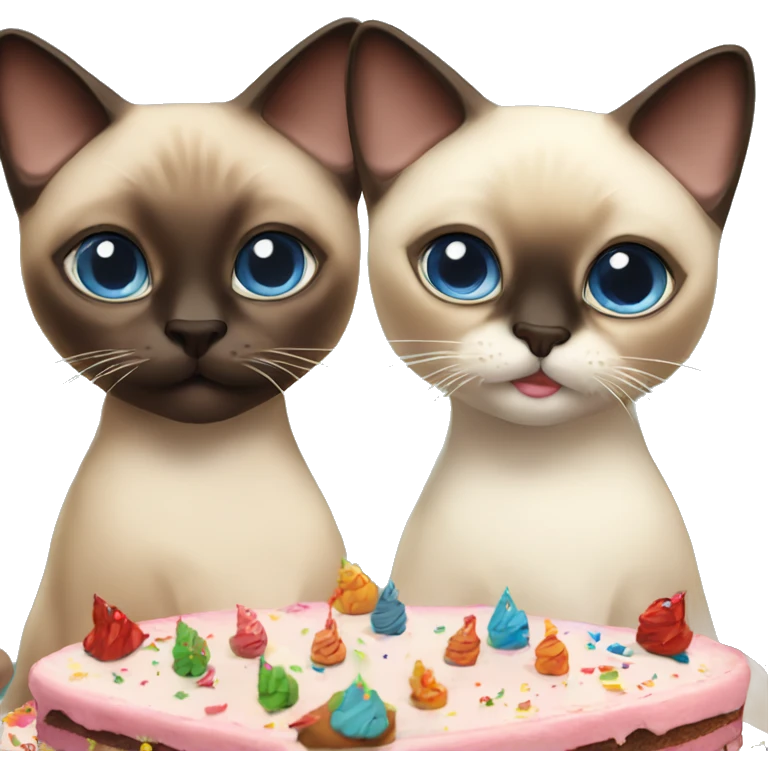 two siamese cats at a birthday party eating cake emoji