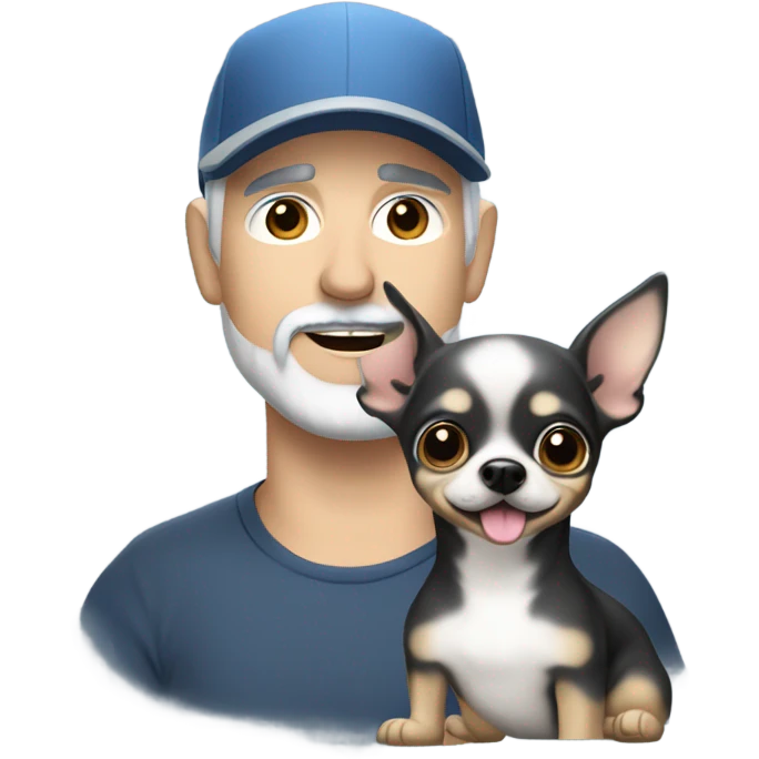 Handsome blue eyed man, with grey hair,  and grey goatee beard, wearing ball cap, holding a black long hair chihuahua  emoji
