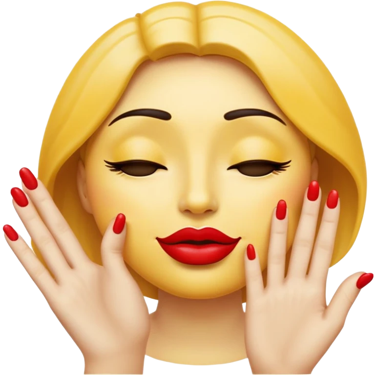 Standard yellow emoji face with closed eyes forming upward curved lines, visible eyelashes, pursed lips with red lipstick, and a hand showing only the thumb out with all other fingers closed against the palm, painted nails emoji