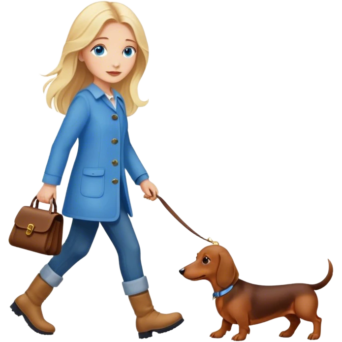 blonde girl with long hair and blue eyes walking with a dachshund emoji