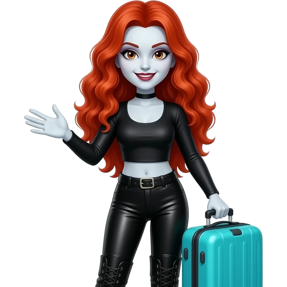 Vampiro femmina  con capelli lunghi rosso fuoco ondulati con pelle bianca che indossa degli stivali neri stretti dei leggins di pelle nera e un top corto con maniche lunghe e strette nero che tiene una valigia verde acqua che saluta emoji