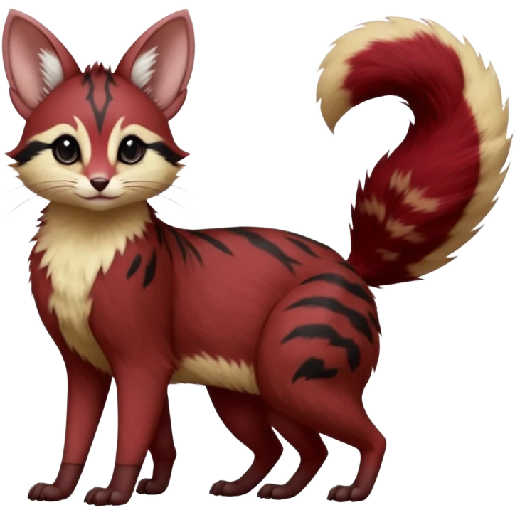 Maroon-Red, black-pointed, soft natural realistic romantic vintage antique divine beautiful elegant pretty precious cute young youthful  Fakémon-Pokémon-opossum-feline-mouse-serval-caracal-chinchilla-Minccino-Cinccino-Meowstic-rodent-hybrid-creature with a big fluffy bushy tail (full body) emoji