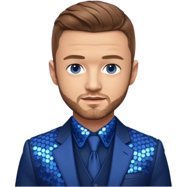 Justin Timberlake with light brown hair, blue eyes, sequin navy blue suit jacket emoji