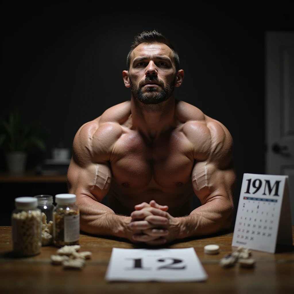 realistic muscular bodybuilder man with dry and defined muscles, concentrated expression, table with supplements and vials, calendar with 12 months behind, dimly lit gym background with intense lighting, face marked by fatigue emoji
