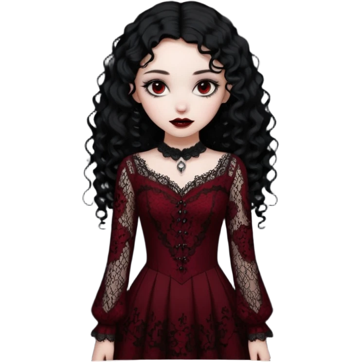 A girl with a dark red goth vampire look in a goth lace dress with long sleeves longer black curly hair emoji