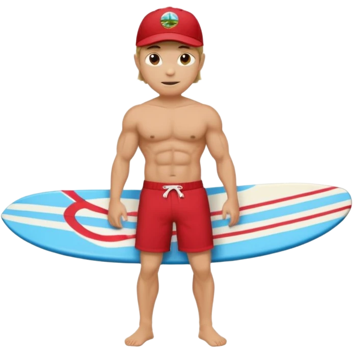 Dark, muscular surfer wearing red shorts and a baseball cap Hawaii emoji