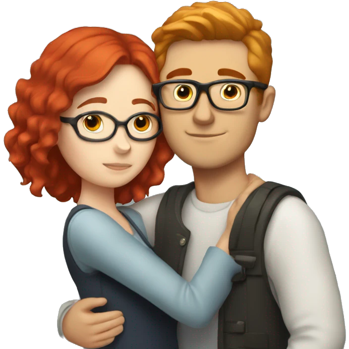 White girl with red hair hugging white guy with brown hair and glasses emoji