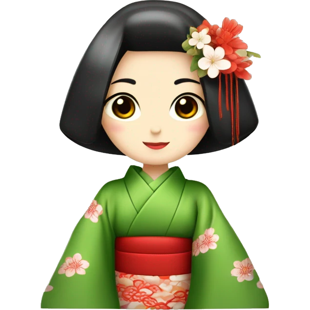 Geisha. kimono rojo. ojos verdes. Cabello castaño claro. ceremonia del té  emoji