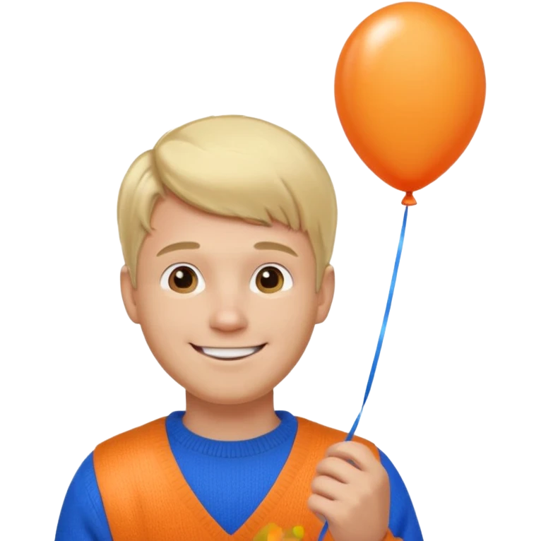 white skin, blonde hair man, orange sweater, hold blue balloon emoji