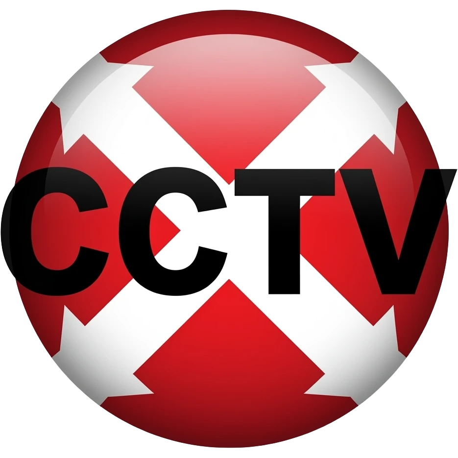 Red filled circle with white X and arrow end points on the X. Big CCTV word in the centre in black emoji
