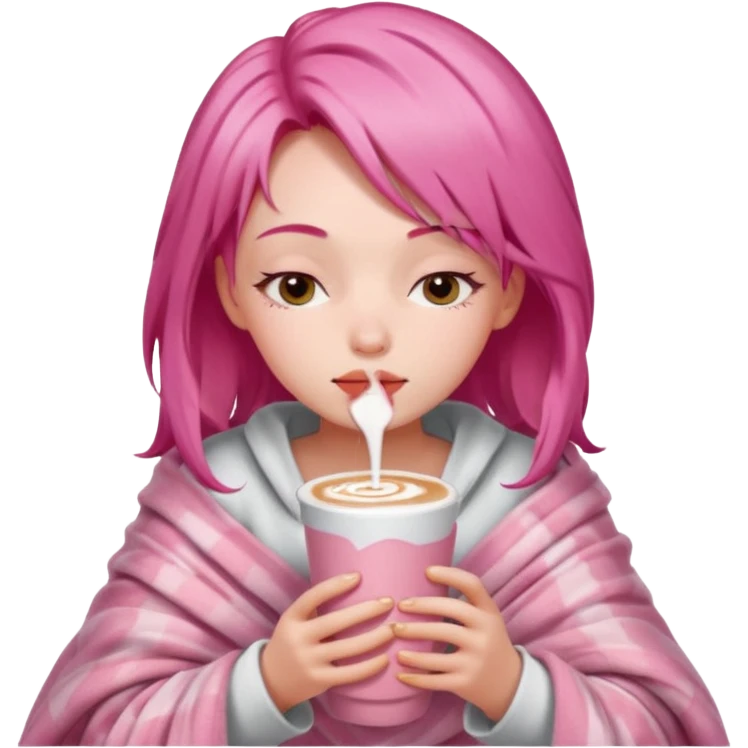girl with pink hair inside a pink blanket sipping strawberry latte eyes closed emoji to use or share on Discord and Slack. emoji