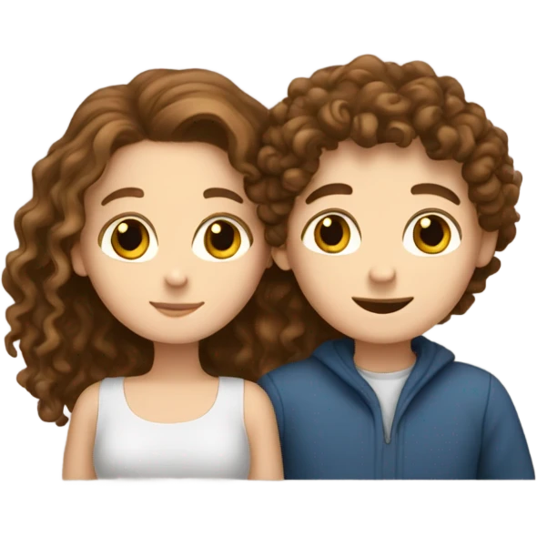 white girl with brown long curly hair and white boy with brown short curly hair hugging emoji