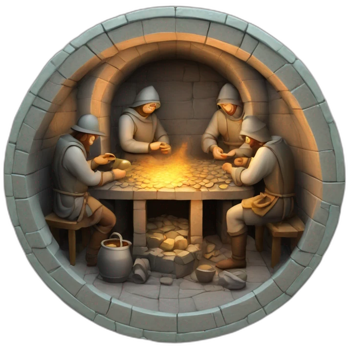 inside of a medieval mint showing different people working creating coins with a furnace emoji
