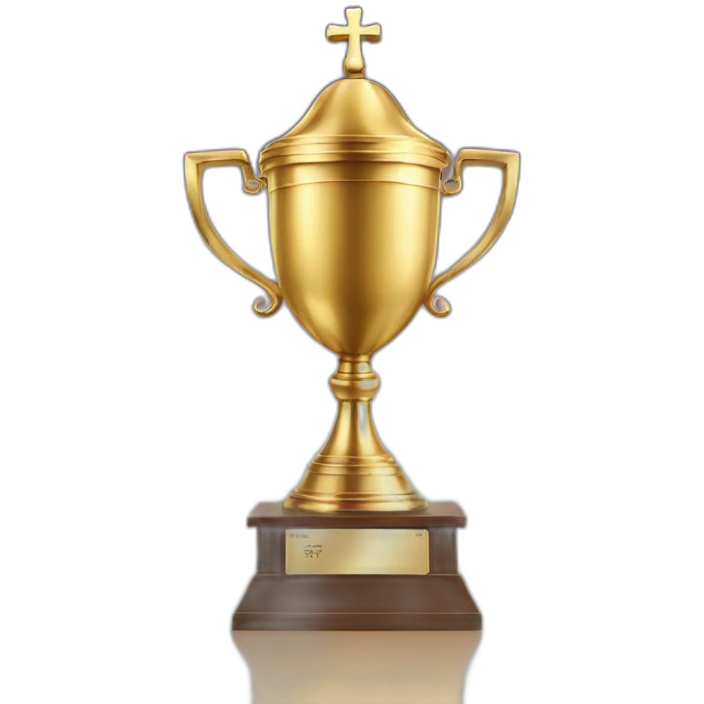 royal big empty Christian trophy for the winner with a cross on royal background  with number 1 emoji