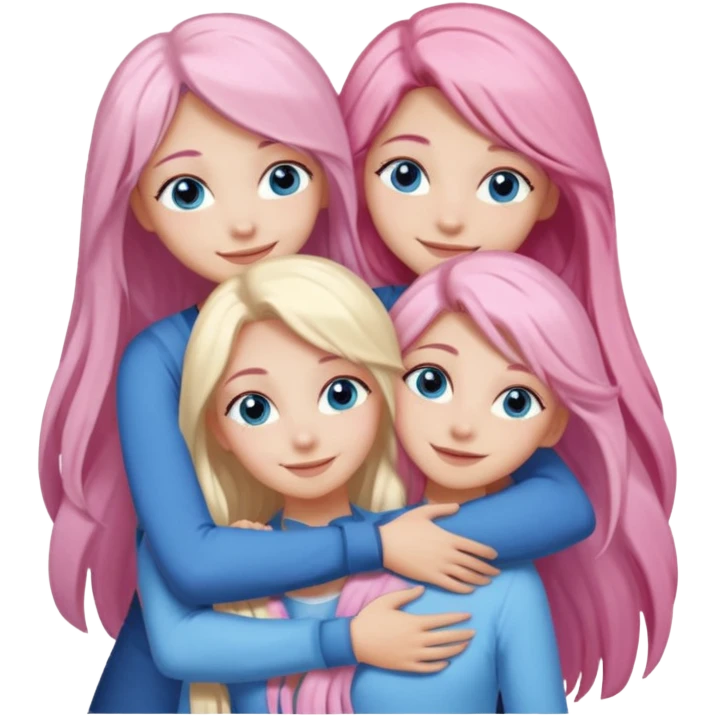 four white grips hugging and smiling    One girl with long light pink hair and blue eyes, one girl with blue eyes and light blonde hair, and 2 girls with brown eyes and long dark brown hair. emoji