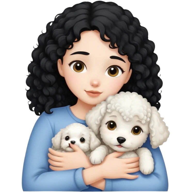 A black-haired girl hugs a white curly-haired puppy emoji