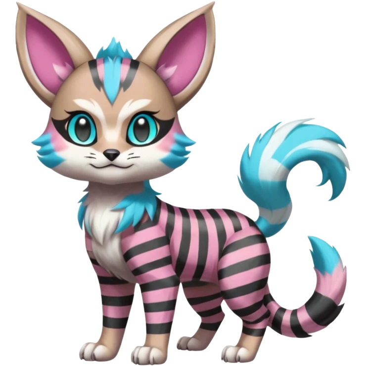 Black and pink-striped Colorful Skilled Adept Graceful Asian Painted WereGarurumon-Meloetta-Ursaring-Furret-fusion-hybrid-creature (full body) with cyan rings around eyes, tufted lynx ears emoji