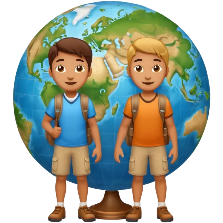 Two happy travelers with backpacks standing on a globe emoji