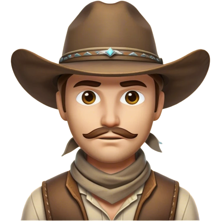 Clash of Clans aesthetic friendly Cowboy Portrait Emoji, With a rugged yet stylized build wearing a classic wide-brimmed hat and bandana, his face rendered in a natural skin tone (not yellow), determined eyes and a steely gaze, Simplified yet dynamic features, highly detailed, glowing with a warm, sunlit frontier radiance, high shine, brave and spirited, stylized with an air of Wild West heroism, focused and ready, soft glowing outline, capturing the essence of a fearless cowboy adventurer ready to ride into epic quests! emoji