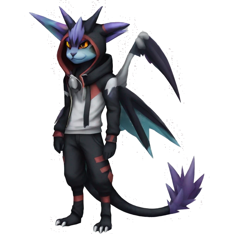 Cool Anthro Black Noivern-Absol-Litten-Pokémon with edgy stripes hoodie spiked collar punk Full Body emoji