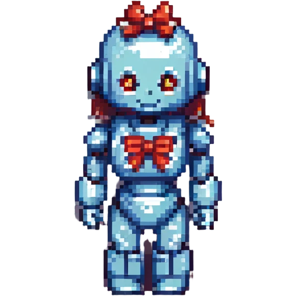 shoulders-up portrait of a cute female recruiter robot in 8-bit pixel art style, friendly face, one hand raised, hint of hair or bow emoji