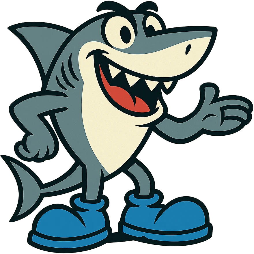 cartoonish shark character with exaggerated blue shoes, playful and bold emoji