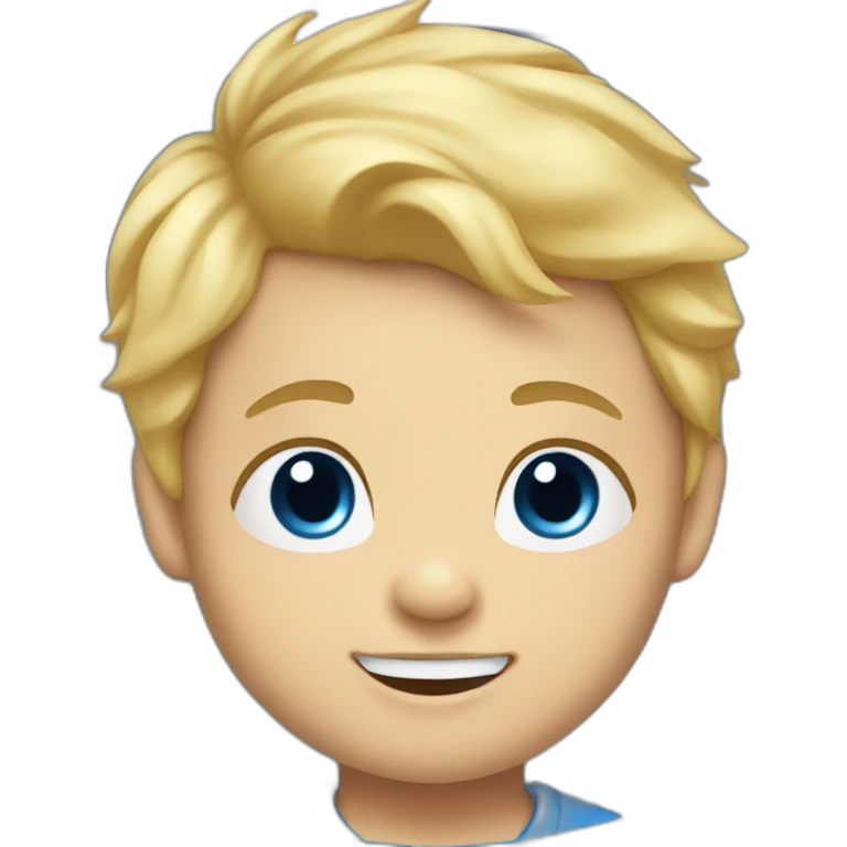 A baby boy with blonde hair, blue eyes and a blue t-shirt and with teeth emoji