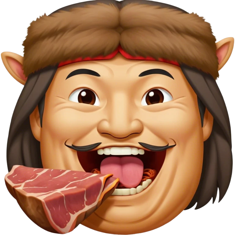 Genghis khan eats meat and laugh and looks happy emoji
