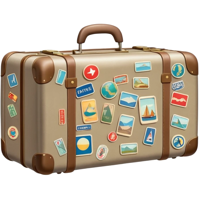 Suitcase with travel stickers, subdued colors, not vivid emoji