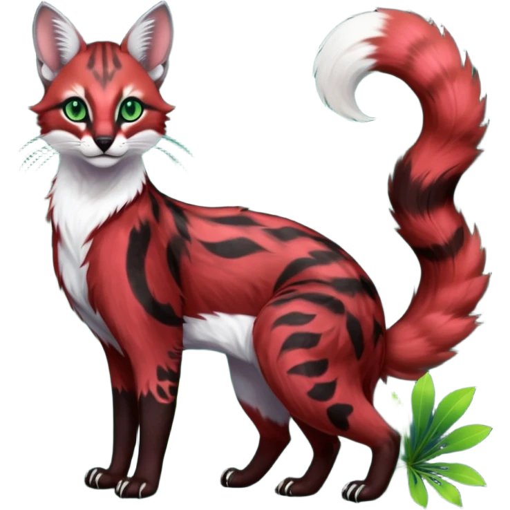 Colorful dark tropical sanguine-red, black, white fur, with green eyes, iridescent glorious divine exotic cute cool beautiful shiny beautiful floral fantasy-caracal-civet-genet-sergal-vernid-Cacomistle-oncilla-animal-Fakémon-hybrid-fursona with pattern markings (full body) emoji