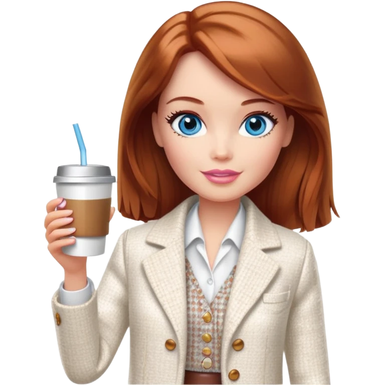 A Barbie girl with blue eyes, shoulder-length reddish-brown hair, made-up, wearing a white tweed jacket and a white skirt, with a glass of coffee in her hands emoji
