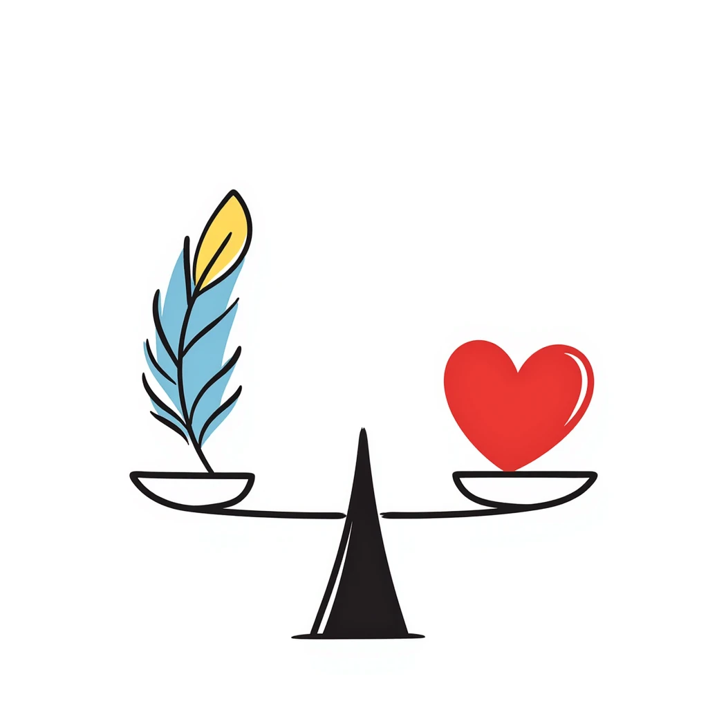 A simple scale balancing a colorful feather and a red heart, representing emotional balance and lightness. Colorful hand-drawn doodle style with blues, reds, and yellows. emoji