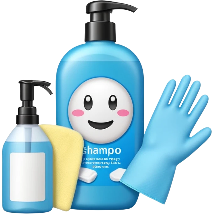 emoji of big (1L) bottle of shampoo, disposable gloves and cotton pads (for makeup) are standing on a table, products look like its always running out, add brand labels to them, make quantity bigger , and i want to see more disposable products, without faces emoji