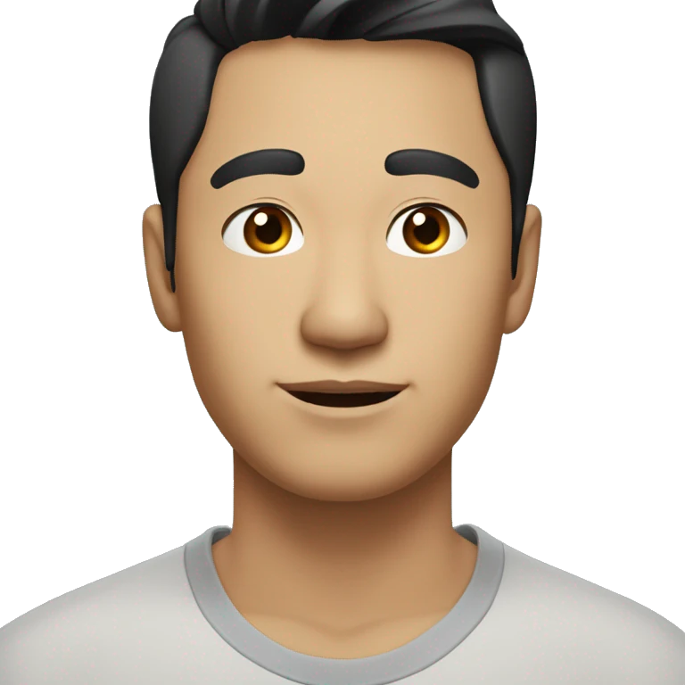 A head and shoulders shot of a 32 year old Asian man, with short black hair,   with brown eyes wearing a t-shirt. emoji