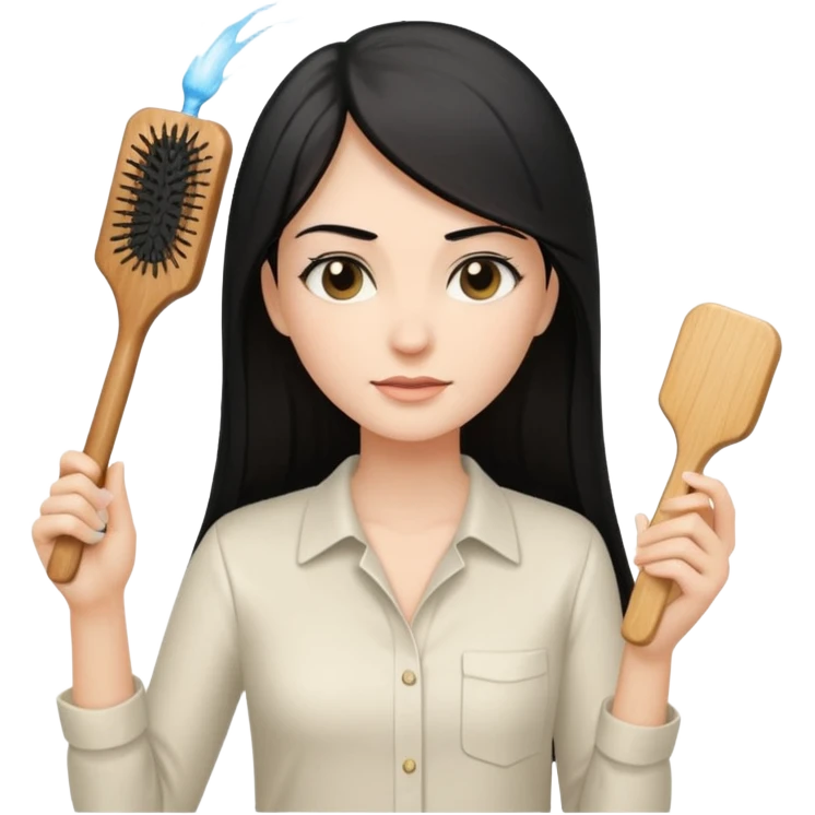 A white woman with long, straight black hair, wearing an ivory-colored shirt, holding a small square wooden paddle hairbrush in her left hand and spraying a hair mist bottle with her right hand toward her hair. emoji