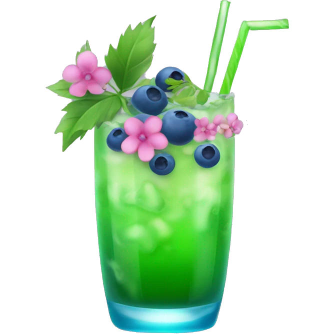 Green cocktail with blue mix and pink little flowers with blueberries  emoji