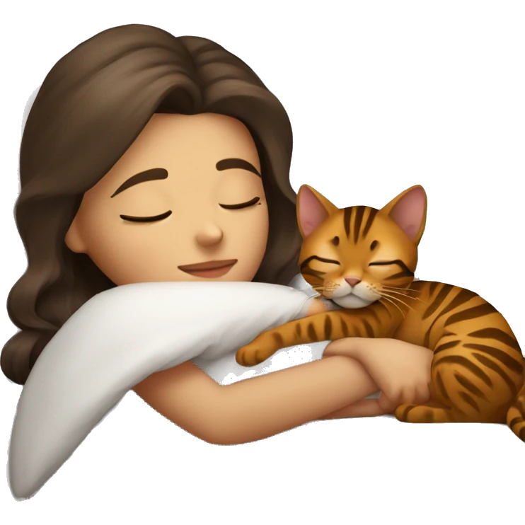 brunette girl sleeping with bengal cat emoji