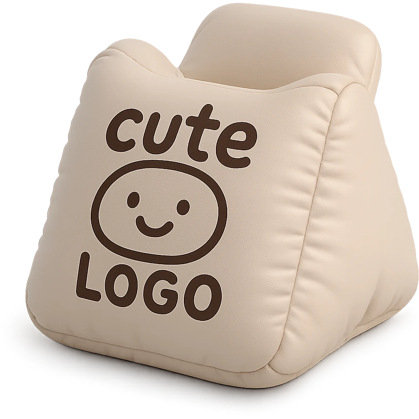 cute hand-drawn logo on a soft cushion-shaped phone stand, playful branding gadget emoji