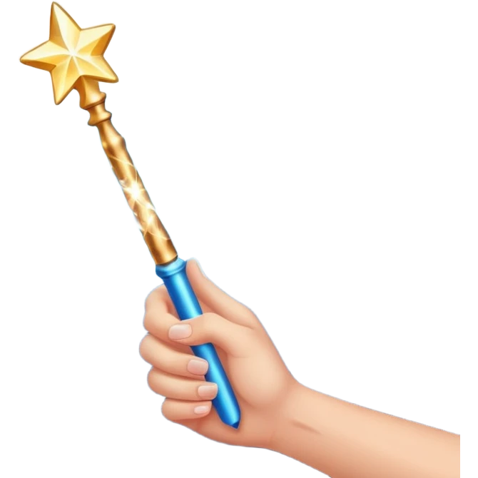 hand holding a glowing magic wand with sparkles and magical glow emoji