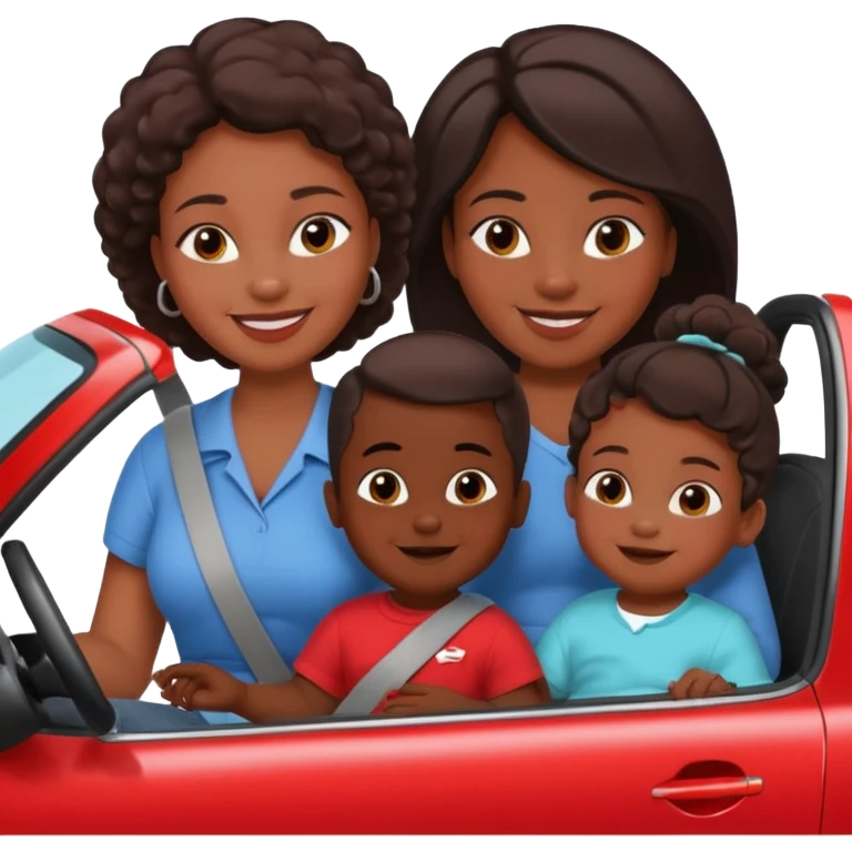 Dark Skin mom with two children, one young boy and a baby girl in a car red emoji