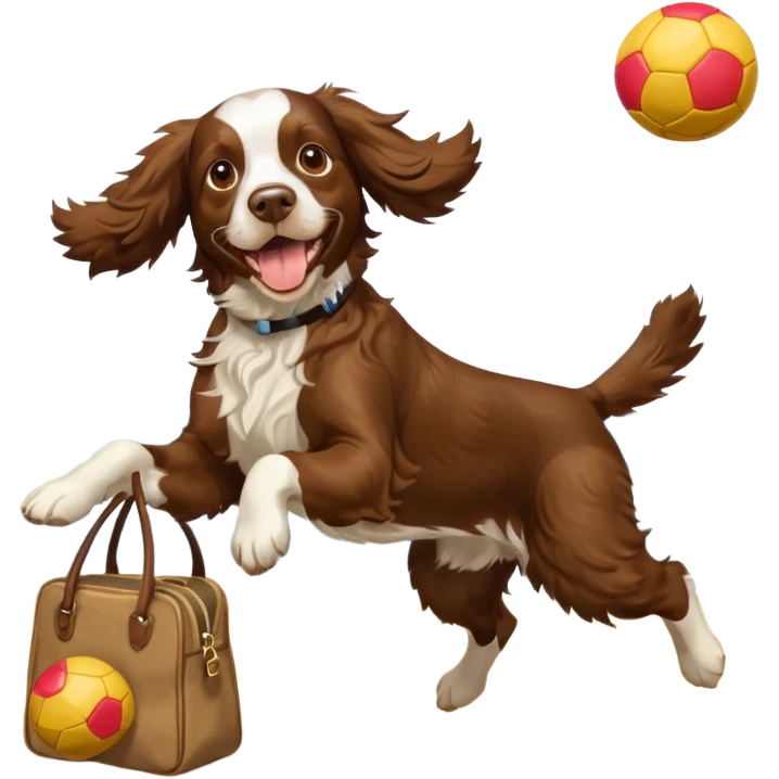 brown English springer spaniel jumping for joy on a Northumberland beach with a bag of balls emoji