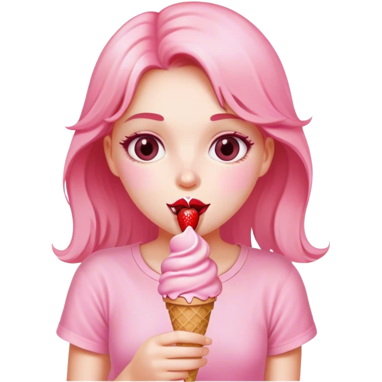 A girl in pink eating strawberry ice cream emoji