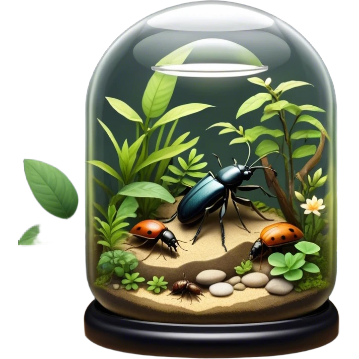 Close-up of home insects in a terrarium, showcasing beetles, praying mantises, and other exotic species in vivid detail, with natural textures of the terrarium. Soft lighting highlights their features. Transparent background. emoji
