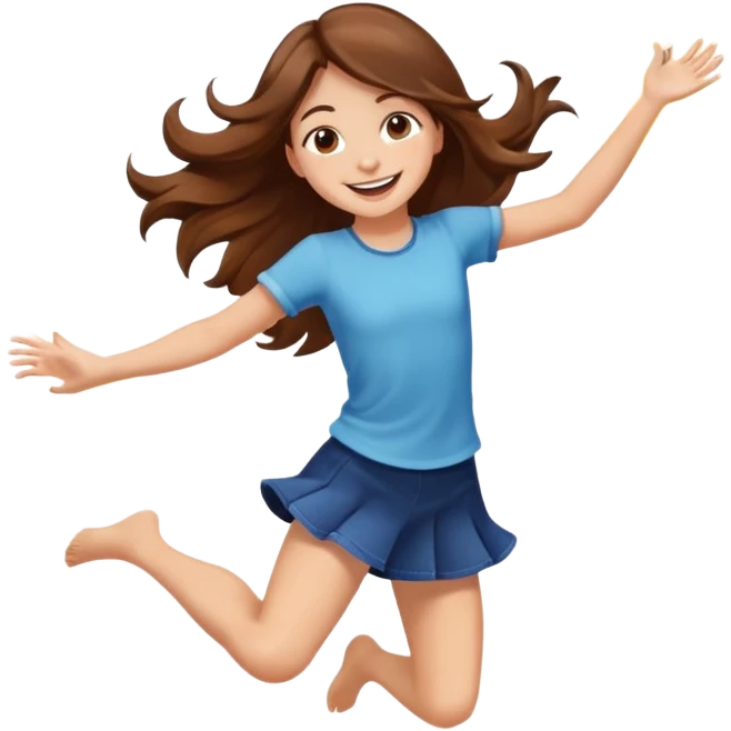 Girl with long brown hair happy jumping in the air with sunbeams in the background  emoji