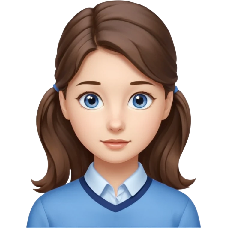 Realistic Student Portrait, with porcelain-like skin featuring a natural rosy flush, illuminated by soft lighting that highlights the gentle contours of her face. Her Brunette pony tail hair flows in soft, Her deep blue eyes radiate warmth and innocence,  wear light blue preppy style. emoji
