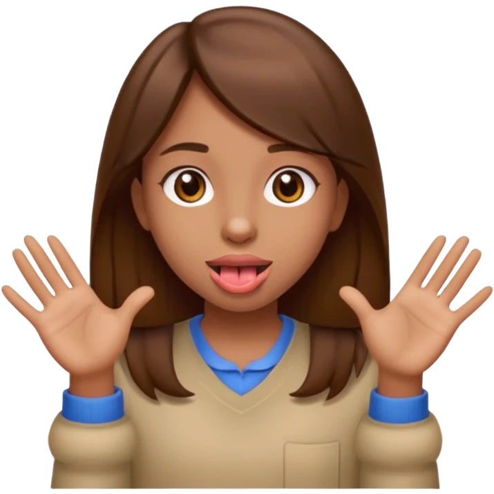 An emoji of a girl with brown eyes and hair holding two hands to her side and with her tongue out in between emoji