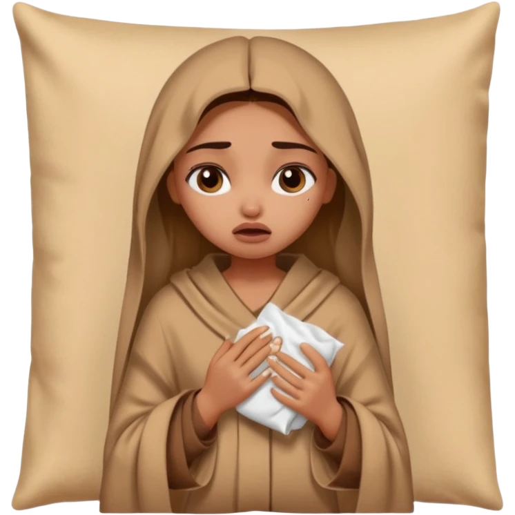 a pretty bratz fair indian girl wearing a brown pajamas and blnaket, dark circles, crying, holding tissues emoji